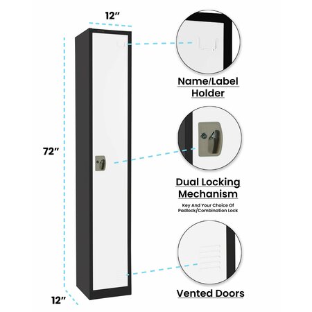 Adiroffice Large Single Door Locker, Black Body With White Doors, 4PK ADI629-201-B-W-PKG-4